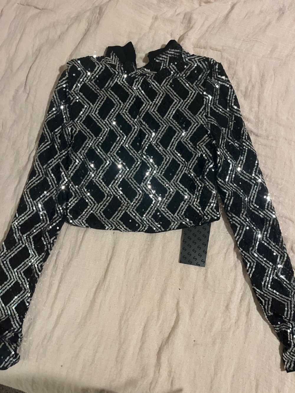 SHEIN Black Top with Silver Sequin Geometric Design